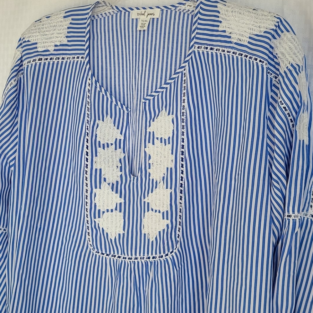 Tribal Jeans Tunic Blue Stripe Floral Embroidered
